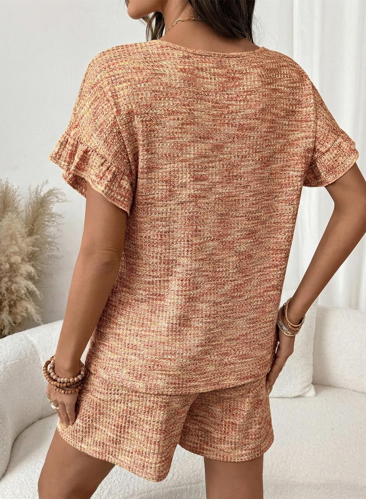 Textured Knit Lounge Set Ruffle Sleeve Drawstring