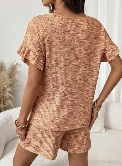 Textured Knit Lounge Set Ruffle Sleeve Drawstring