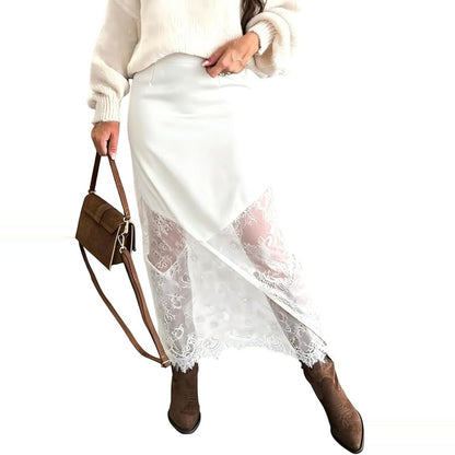 Women's Lace Panel Asymmetrical Bodycon Midi Skirt