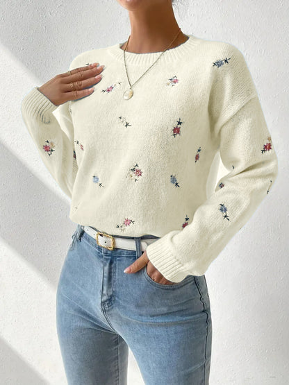 Women's Floral Embroidered Crew Neck Knit Sweater