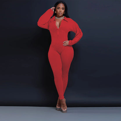 Sexy Ribbed Long Sleeve Zip Up Bodycon Jumpsuit