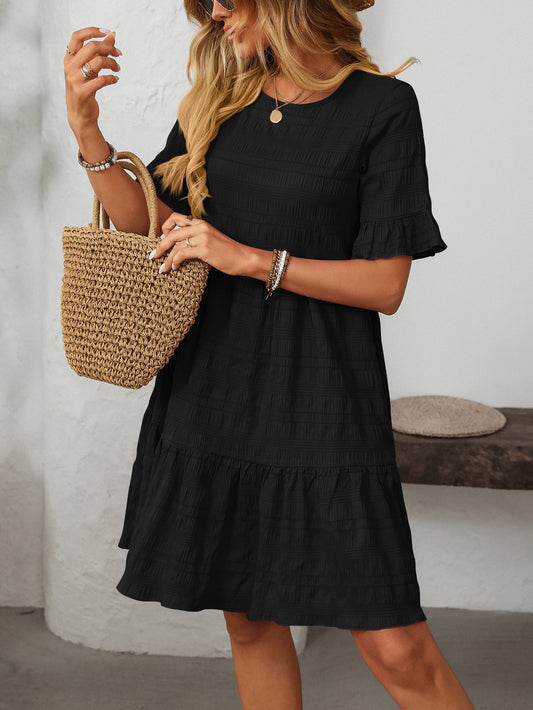 Black Ruffle Hem Short Sleeve Loose Mini Dress