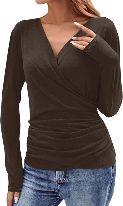 Women's Wrap V-Neck Long Sleeve Ruched Knit Top