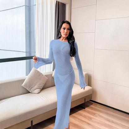 Sexy Backless Sheer Maxi Dress Long Sleeve Beach Cover Up