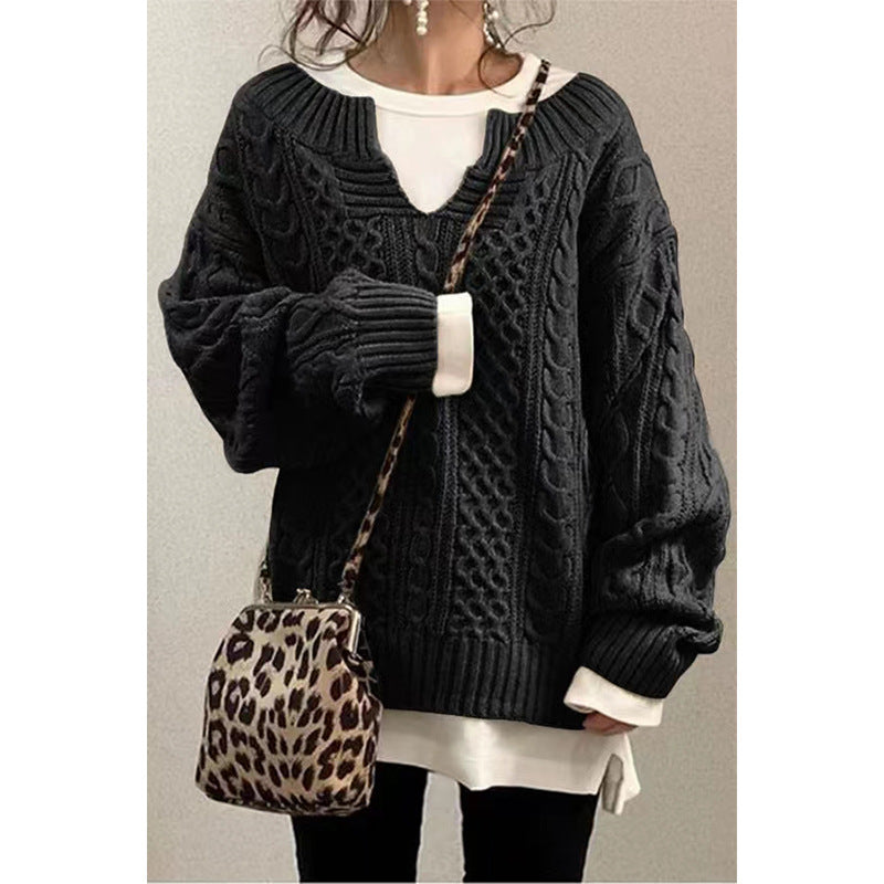 Women's Oversized Cable Knit V-Neck Pullover Sweater