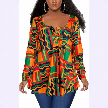 Plus Size African Print Long Sleeve Henley Tunic Top