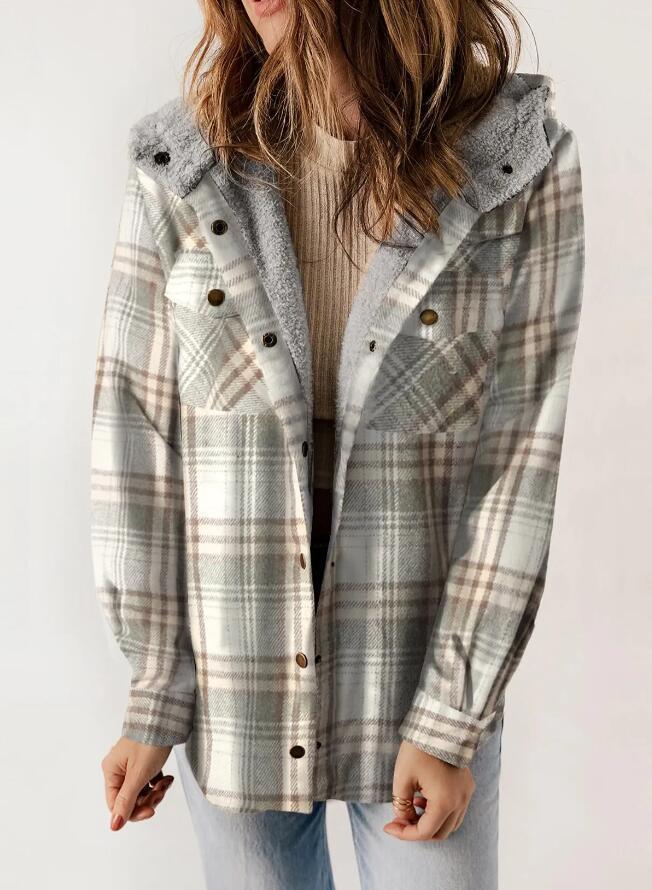 Women's Plaid Fleece Hooded Shacket with Pockets