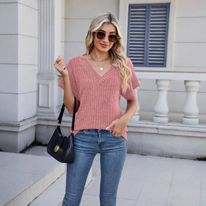 Solid Ribbed Knit Top V Neck Short Sleeve Casual Tee