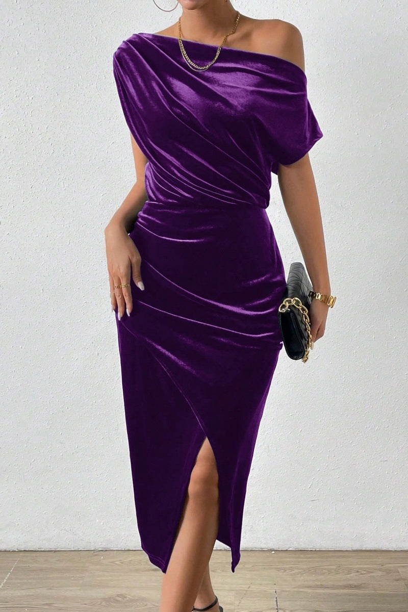 One Shoulder Velvet Midi Dress Ruched Asymmetrical Hem