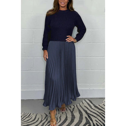 Women's Colorblock Ribbed Pleated Maxi Dress Long Sleeve