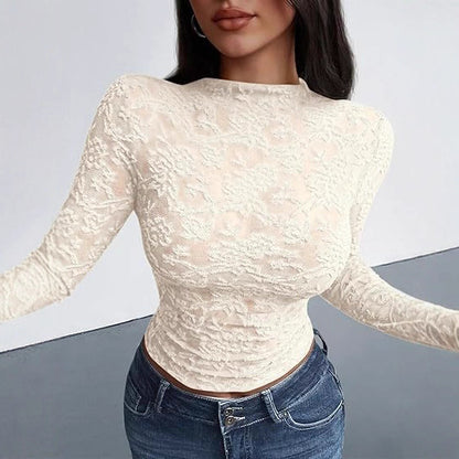 Sheer Lace Mock Neck Long Sleeve Fitted Top