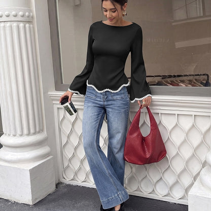 Contrast Lace Trim Boat Neck Flare Sleeve Top