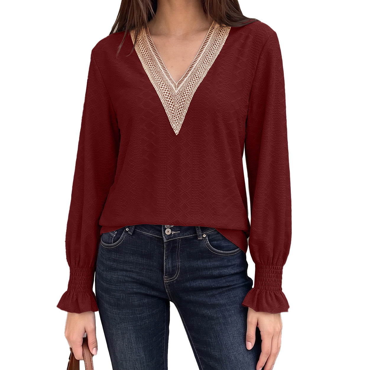 Women's V-Neck Lace Trim Blouse Long Sleeve Smocked Cuffs