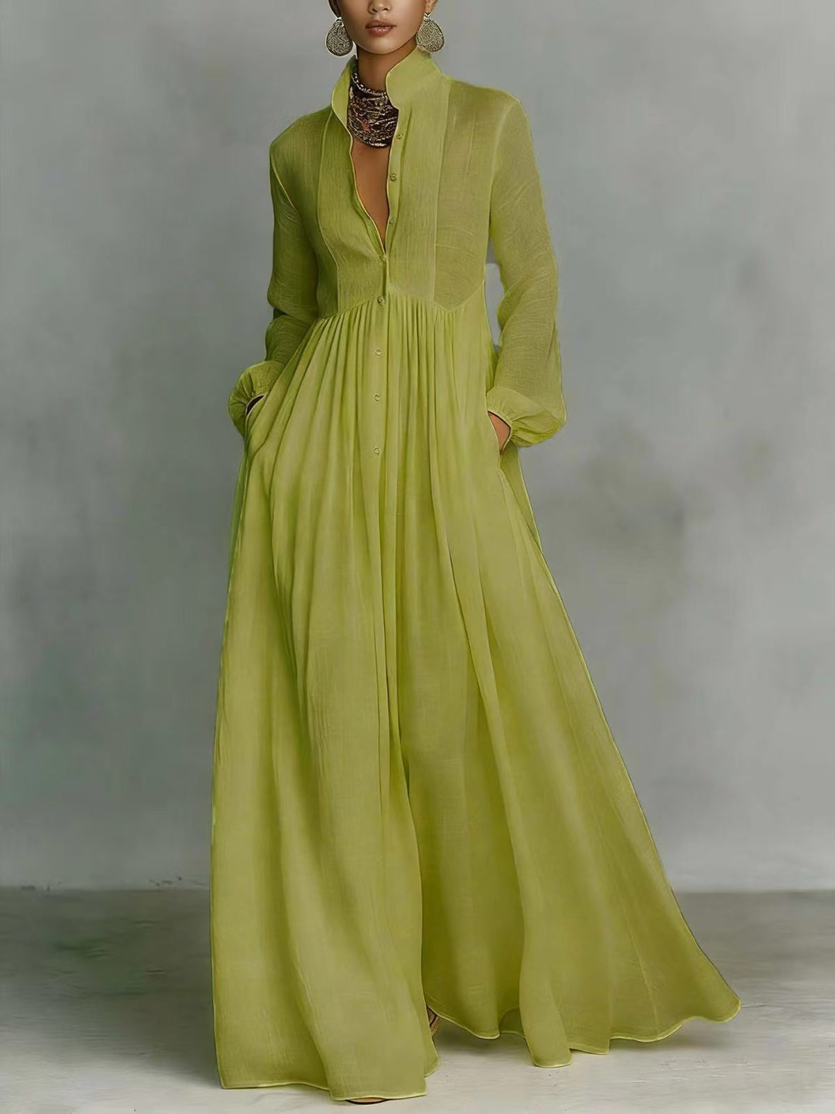 Women’s Elegant Button Down Maxi Dress Long Sleeve Flowy