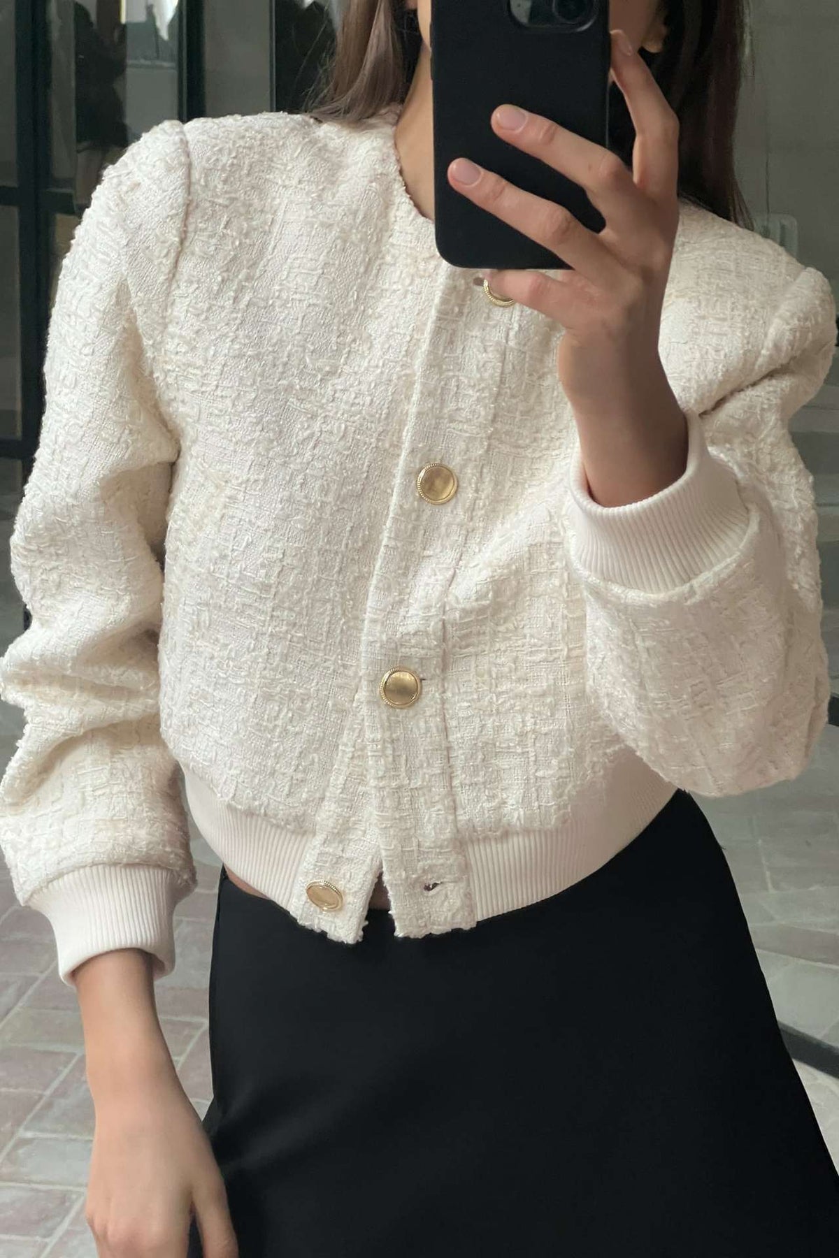 Women's Cropped Tweed Bomber Jacket Button Front
