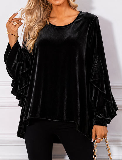 Women's Velvet Ruffle Sleeve Loose Tunic Top