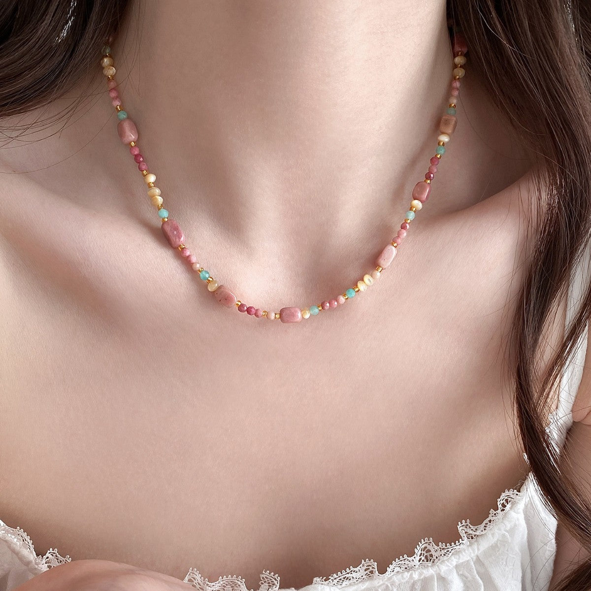 Natural Stone Beaded Necklace Colorful Summer Jewelry