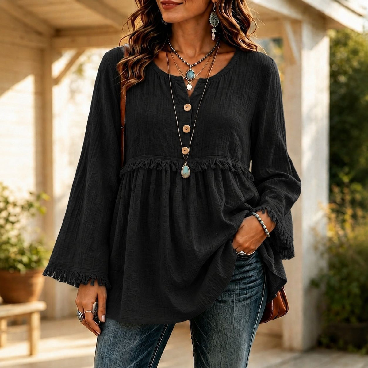 Fringe Trim Button Front Long Sleeve Boho Blouse