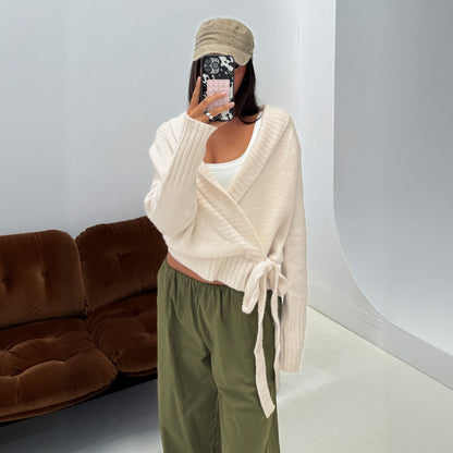 Women's Fuzzy Wrap Cardigan Tie Waist Long Sleeve Sweater