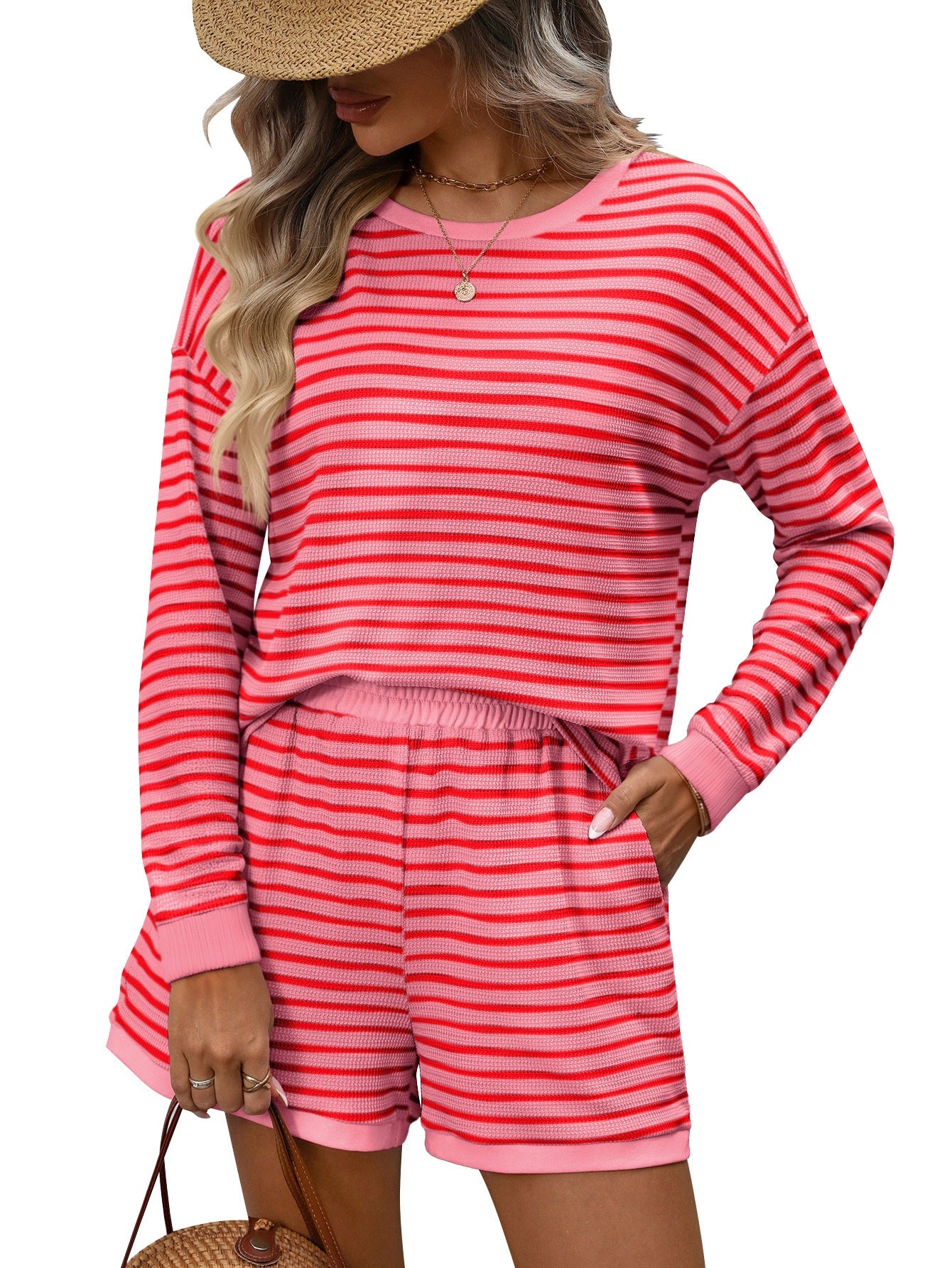 Striped waffle knit top and shorts two piece set