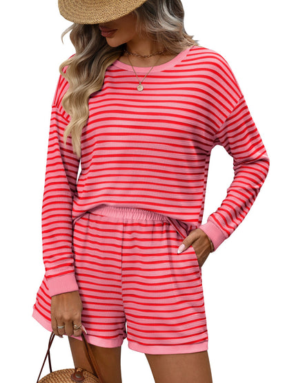 Striped waffle knit top and shorts two piece set