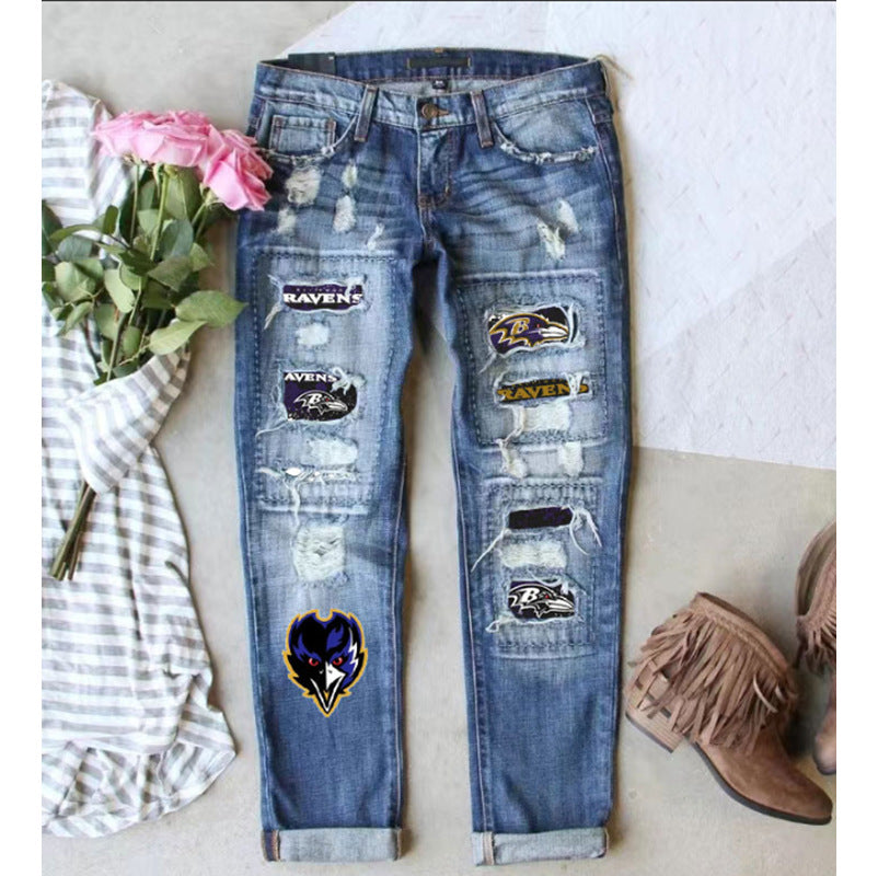 Game Day Printed Ripped Straight Denim Jeans