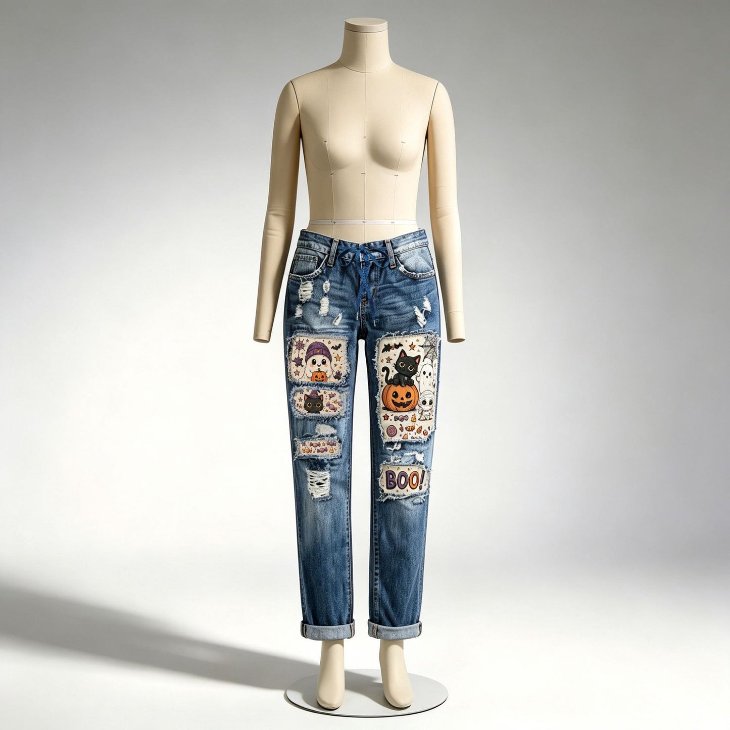 Women's Halloween Patch Jeans Distressed Straight Denim
