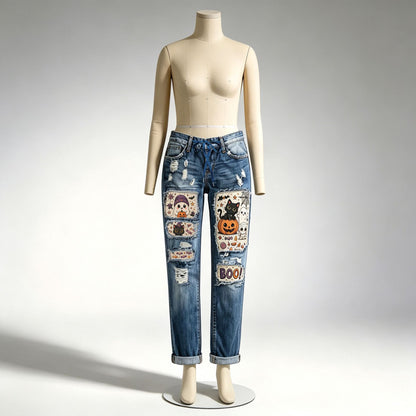 Women's Halloween Patch Jeans Distressed Straight Denim