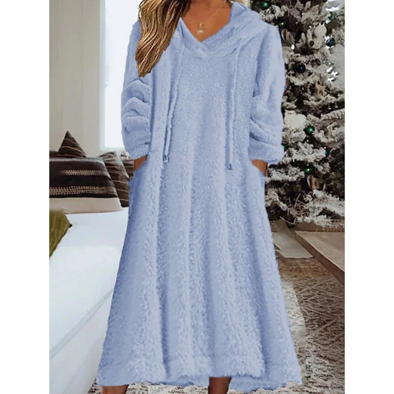 Fleece Hooded Dress with Pocket Relaxed Fit