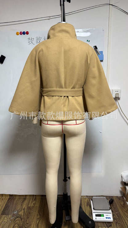 Women's Belted Cape Coat Mock Neck Batwing Jacket
