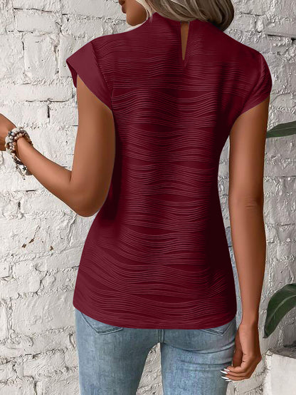 Textured Wavy Stripe Button Semi-Turtleneck Top