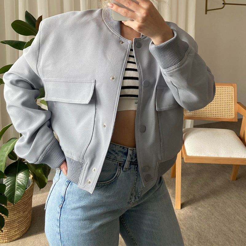 Women's Cropped Utility Jacket Stand Collar Button Front