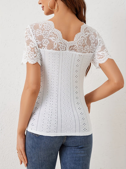Lace Patchwork Slim Fit V-Neck Short Sleeve Top