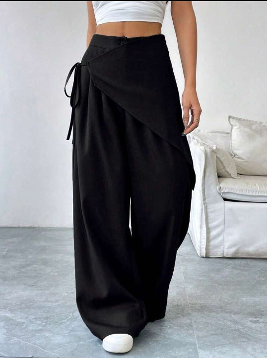 High Waist Asymmetrical Tie Waist Wide Leg Dress Pants