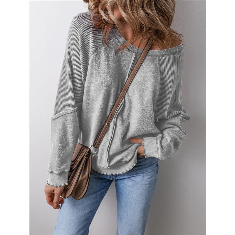 Oversized Patchwork Waffle Knit Crewneck Sweatshirt