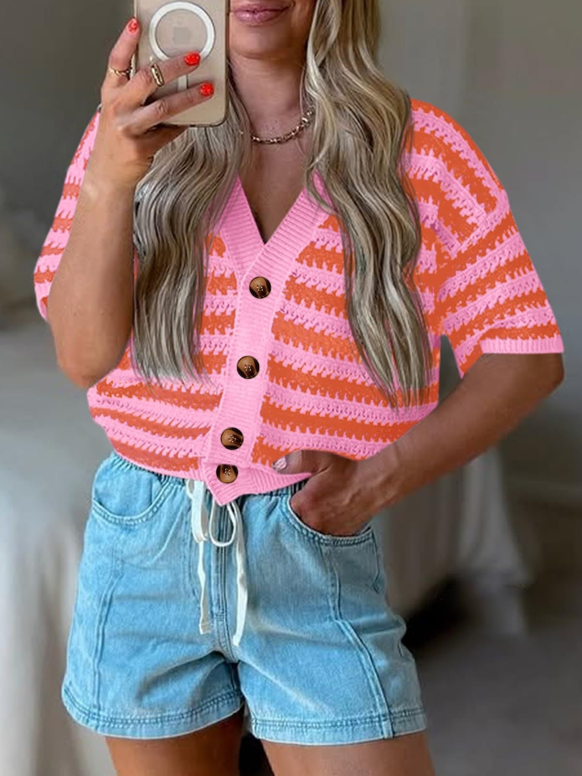 Striped Crochet Cardigan V Neck Button Knit Top