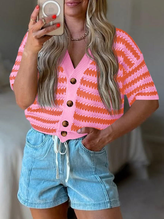 Striped Crochet Cardigan V Neck Button Knit Top