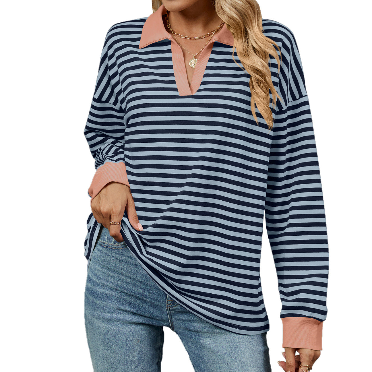 Women's Oversized Striped Collared Sweatshirt Pullover