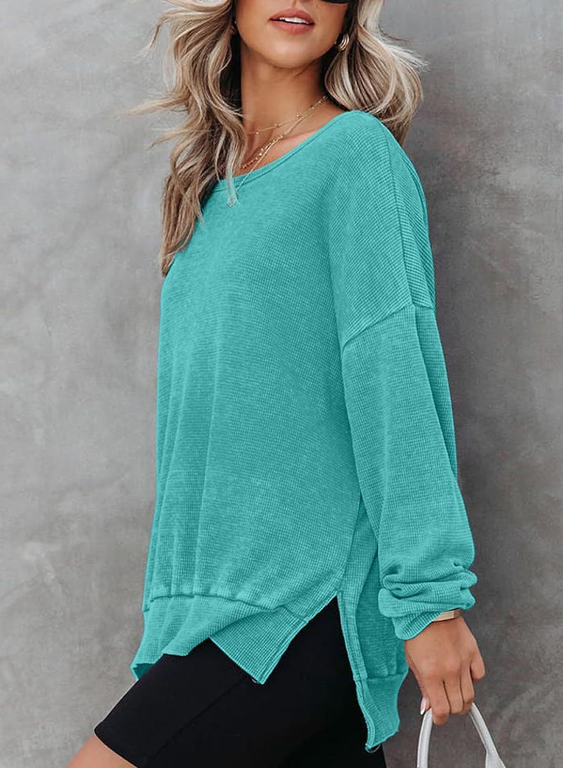 Waffle Split Hem Sweatshirt Women Casual Long Sleeve Top