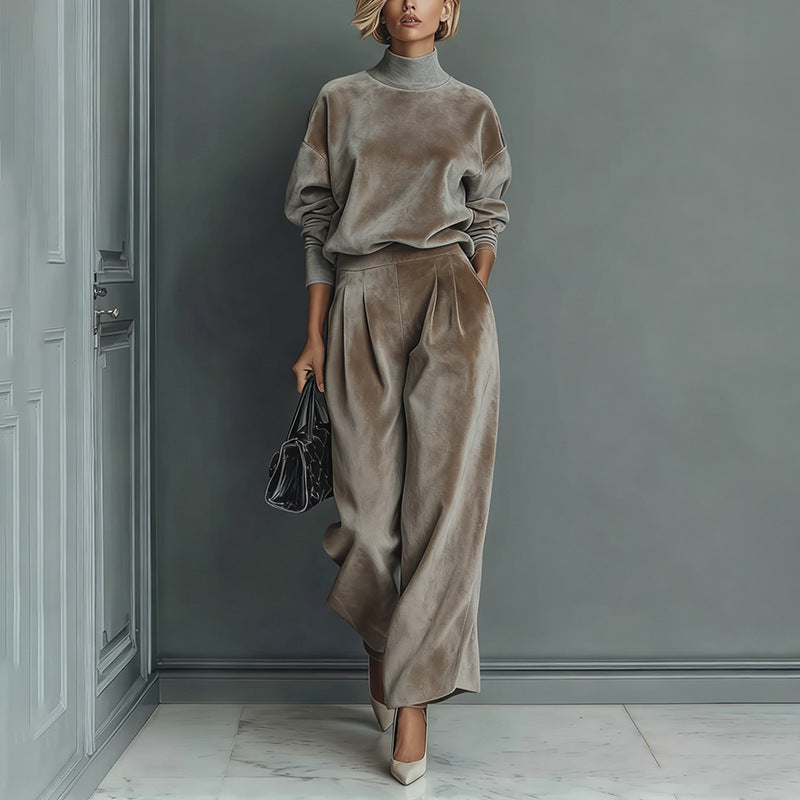Women's Velvet Matching Set Mock Neck Wide Leg Pants