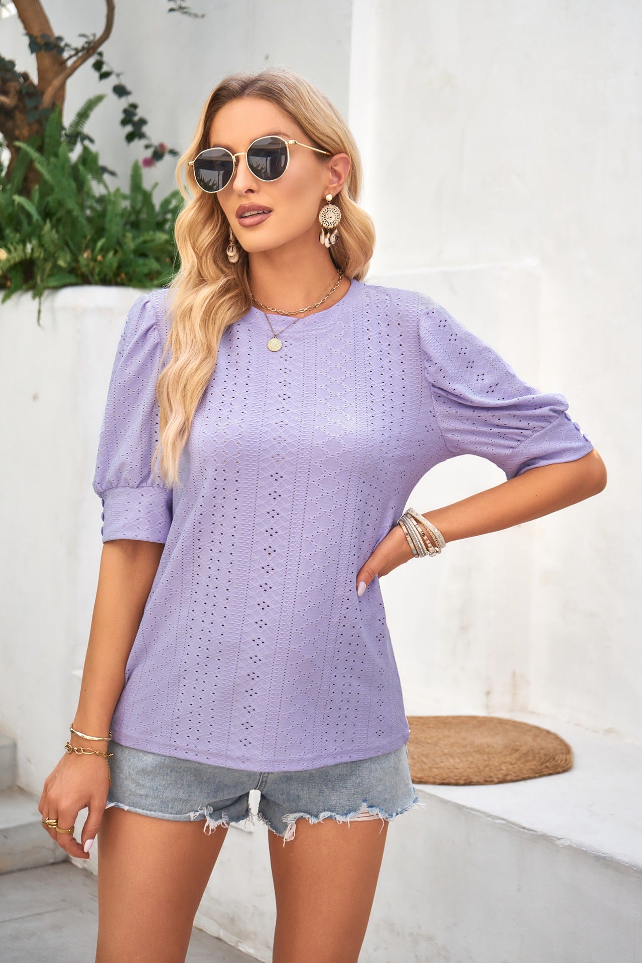Eyelet Puff Sleeve Short Sleeve Casual Blouse Top