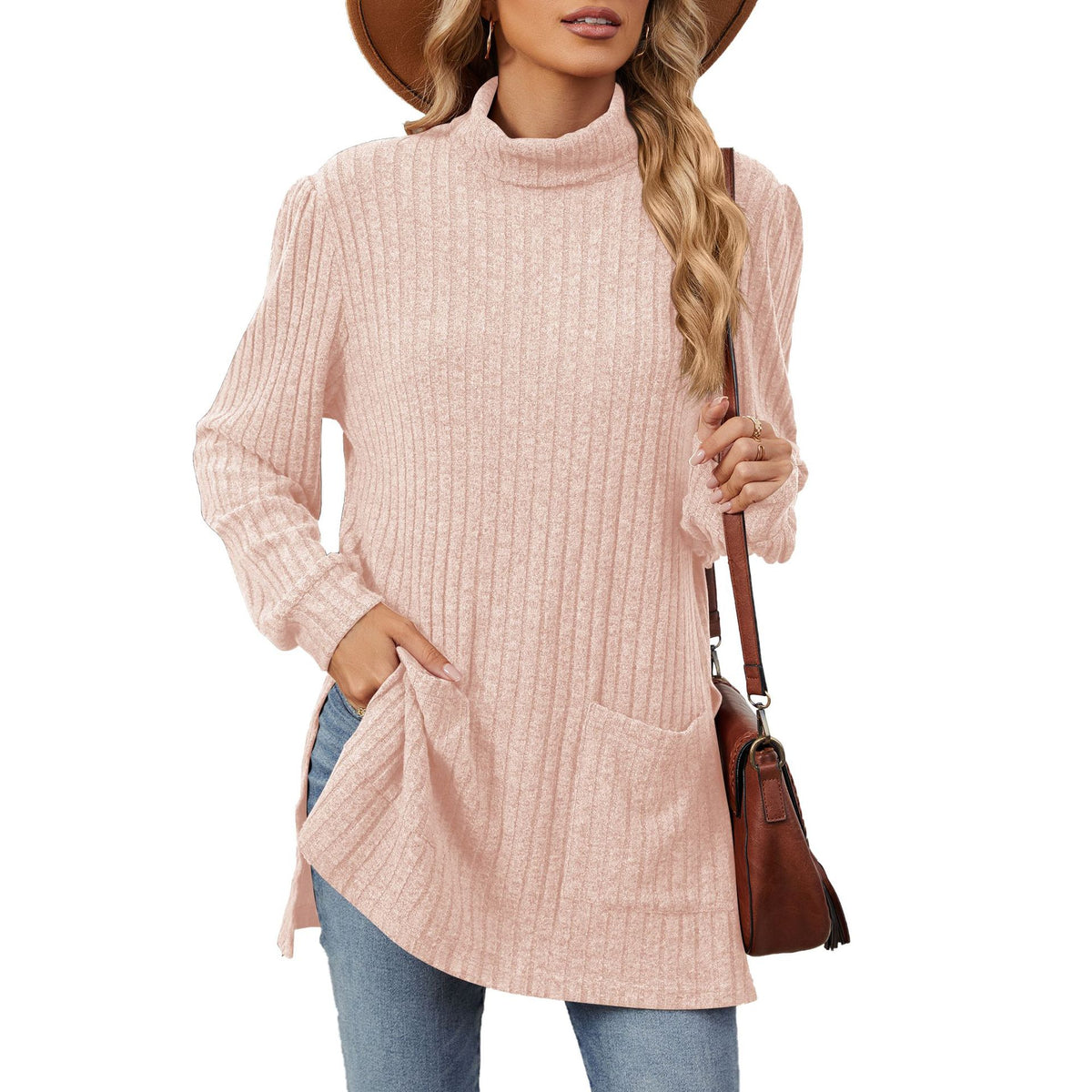 Women's Ribbed Mock Neck Long Sleeve Tunic with Pockets