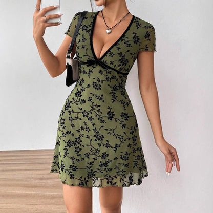 Sexy Floral Mesh Dress with Deep V and Short Sleeves