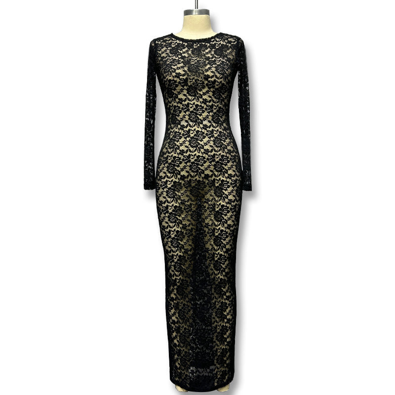 Sexy Sheer Lace Long Sleeve Bodycon Maxi Dress