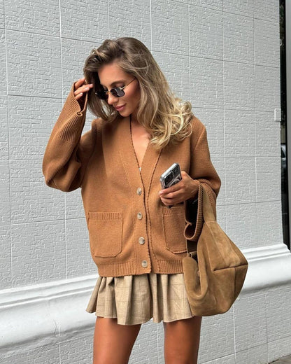 Women's V-Neck Button Front Cardigan Sweater Pockets