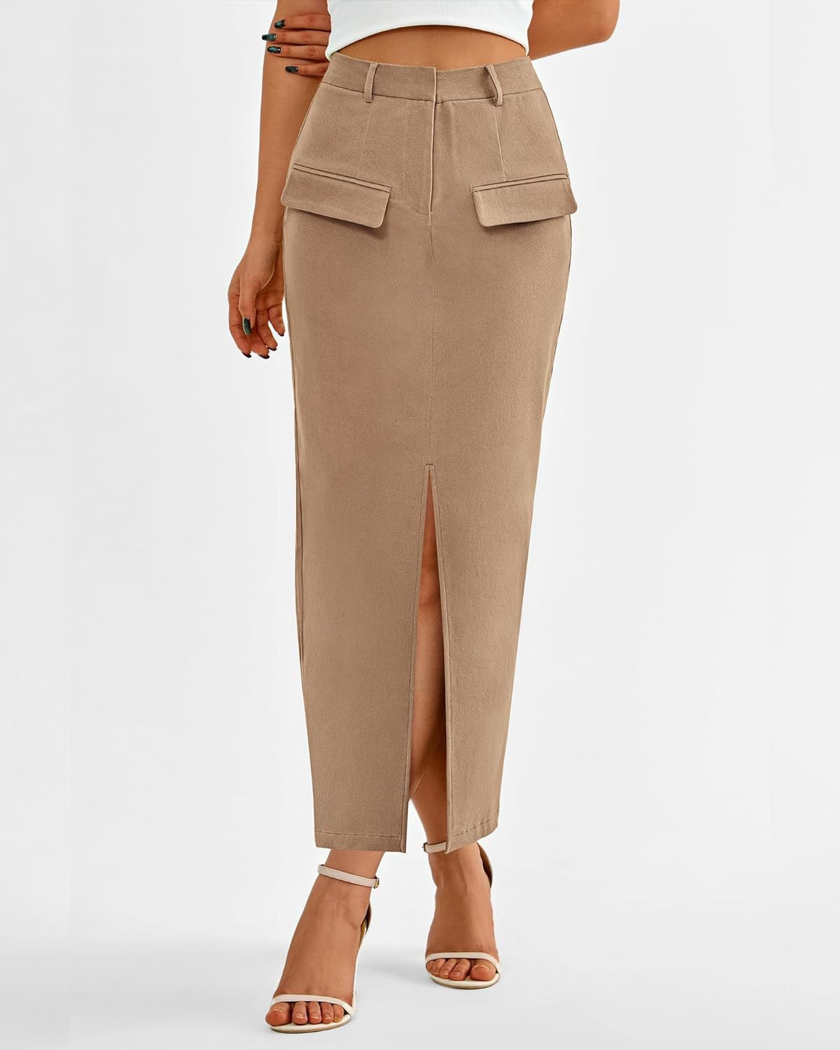 Elegant High Waist Midi Skirt with Front Slit