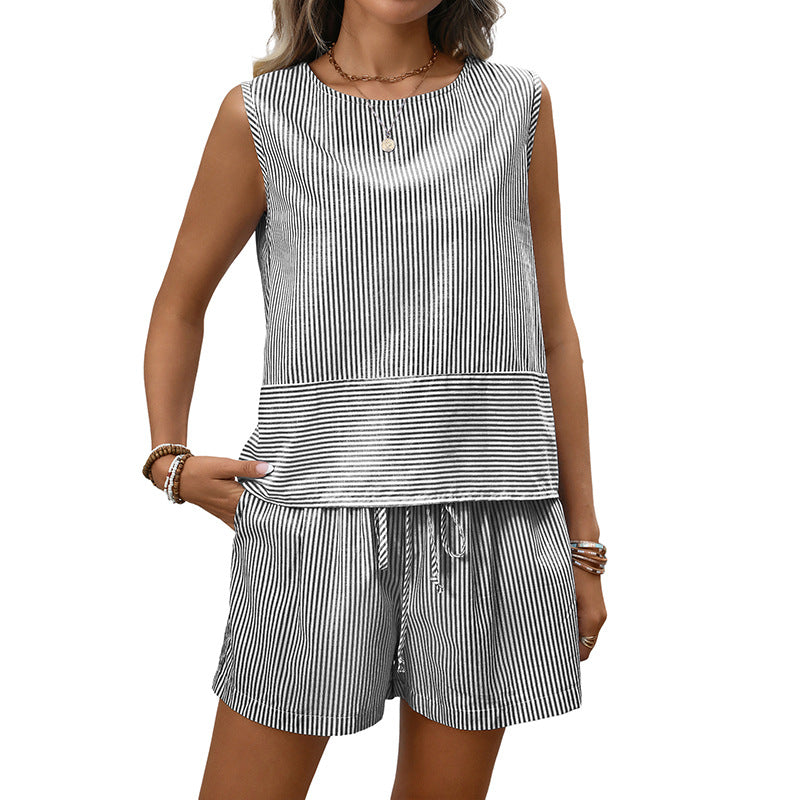 Summer Striped Cotton Sleeveless Top Shorts Casual Set