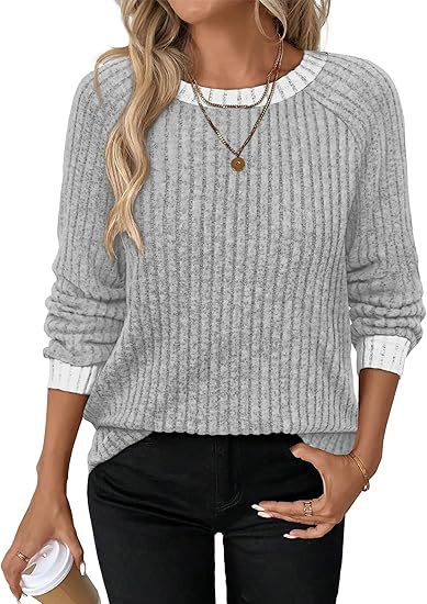 Women's Soft Ribbed Contrast Trim Long Sleeve Crew Neck Top