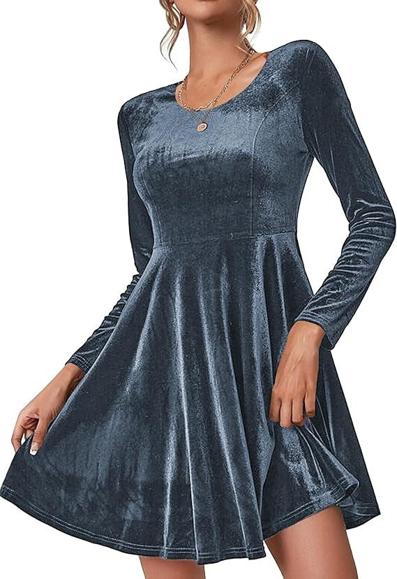Women's Velvet Fit and Flare Long Sleeve Mini Dress