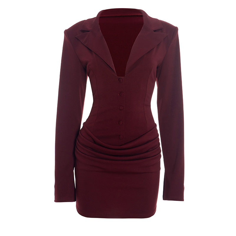 Sexy Deep V Blazer Dress Long Sleeve Bodycon Mini Dress